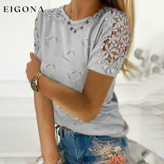 Heart Print Lace T-Shirt Gray Best Sellings clothes Plus Size Sale tops Topseller