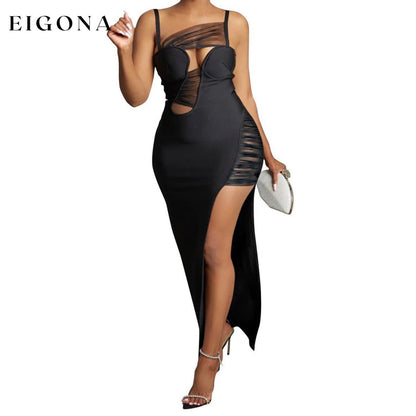 Women Wear Solid Color Mesh Hollow Out Cutout Bandage Maxi Dress Black clothes cutout dress dresses elegant dress formal dress long dress maxi dress