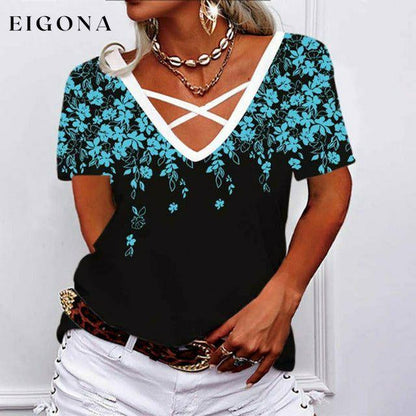 Floral Print Elegant T-Shirt Blue Best Sellings clothes Plus Size Sale tops Topseller