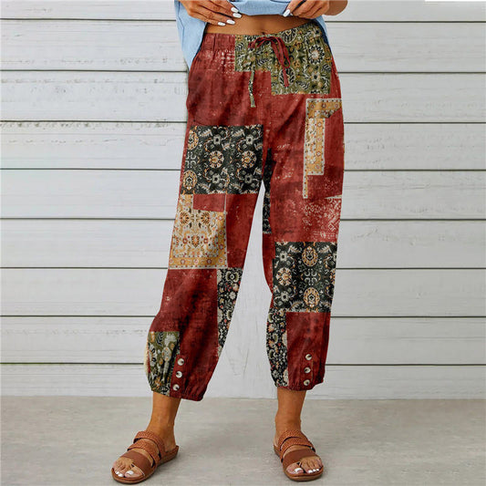 【Cotton And Linen】Vintage Printed Trousers Red best Best Sellings bottoms clothes Cotton And Linen pants Plus Size Sale Topseller