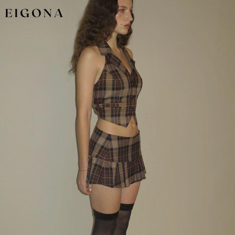 Sexy Two Piece Suit Summer Sexy Retro Plaid Vest Graceful Pleated Skirt Set 2 pieces bottoms clothes sets skirt set skirts