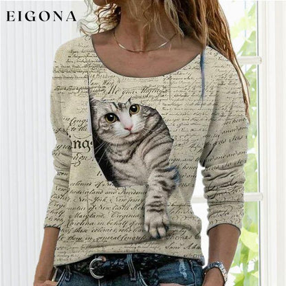 Fashion Cute Cat Print T-Shirt Khaki Best Sellings clothes Plus Size Sale tops Topseller