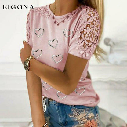 Heart Print Lace T-Shirt Pink Best Sellings clothes Plus Size Sale tops Topseller