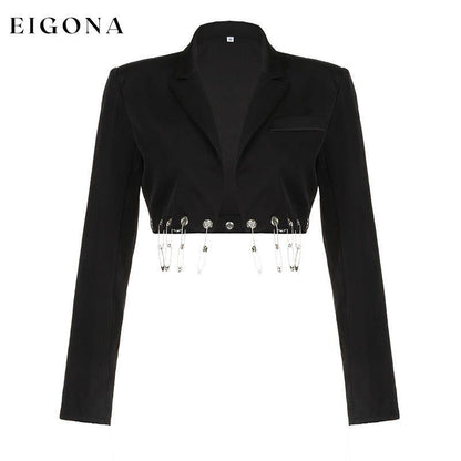 Street Hipster Cool Girl Non Matream Corns Metal Decorative Long Sleeve Short Blazer Black blazer clothes short blazer