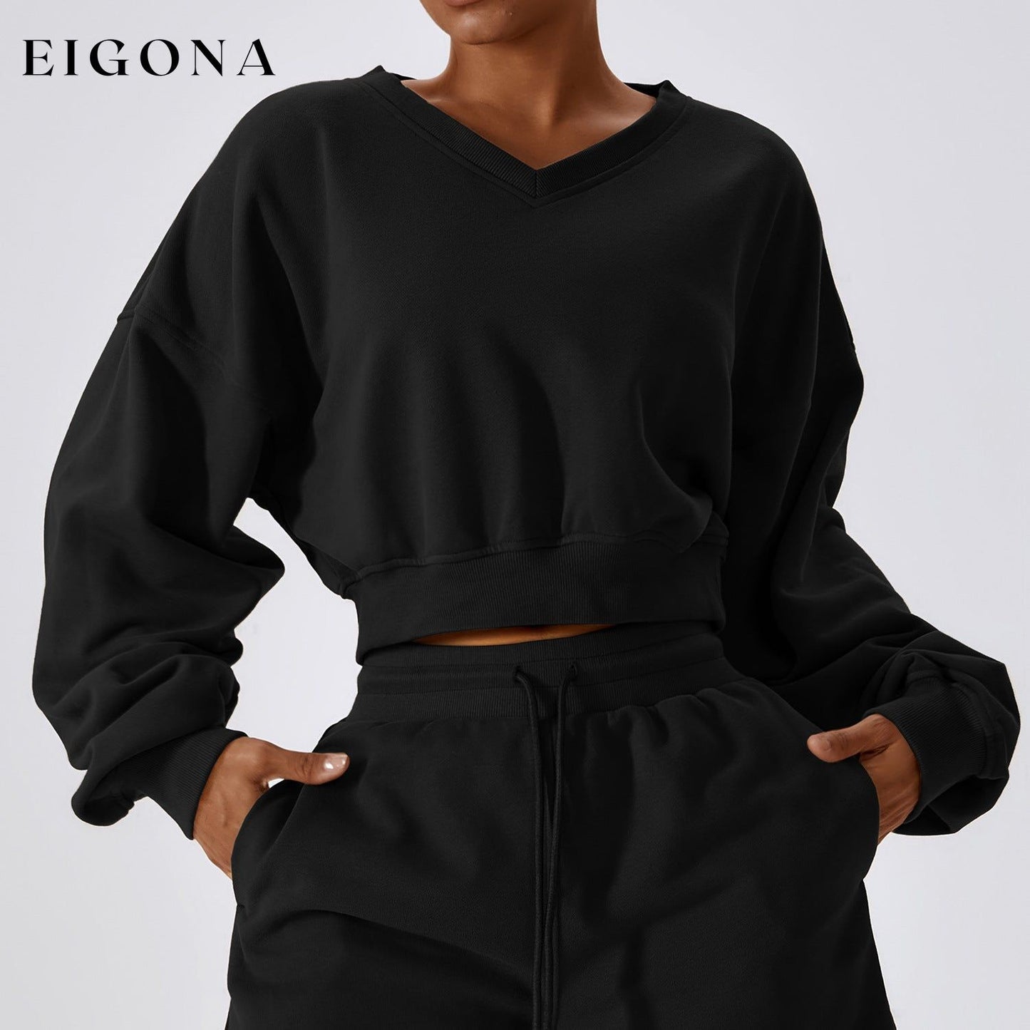 Loose Long Sleeve Sweatshirt Outdoor Keep Warm V Neck Pullover All Matching Casual Sweatshirt Top Advanced Black 2 pieces clothes lounge sets sweaters