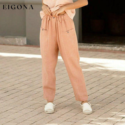 Casual Elastic Waist Pants Pink best Best Sellings bottoms clothes Cotton and Linen pants Plus Size Sale Topseller