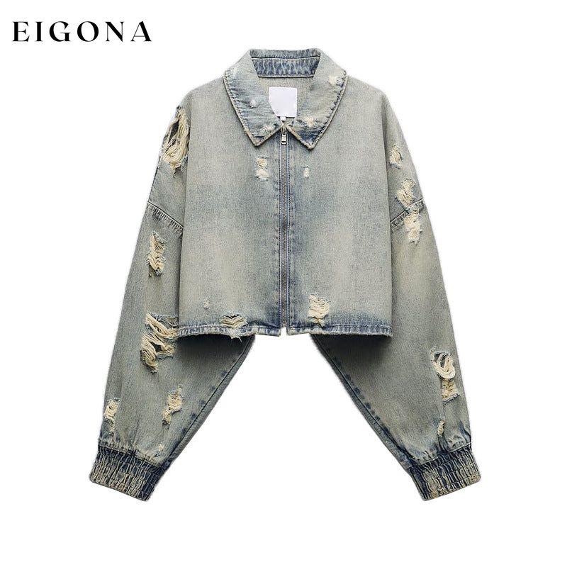 Autumn Women Collared Worn Looking Washed out Perforated Hole Decoration Denim Short Jacket Blue clothes jacket jackets & coats outerwear