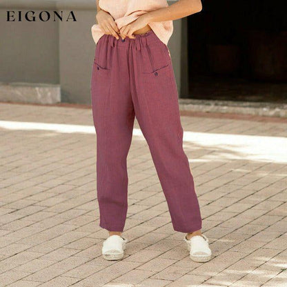 Casual Elastic Waist Pants Wine Red best Best Sellings bottoms clothes Cotton and Linen pants Plus Size Sale Topseller