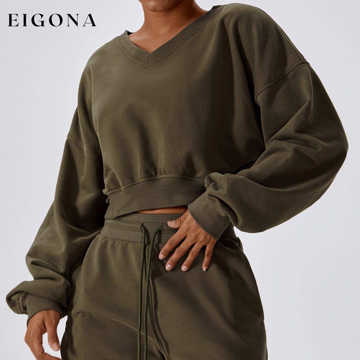 Loose Long Sleeve Sweatshirt Outdoor Keep Warm V Neck Pullover All Matching Casual Sweatshirt Top Olive Green 2 pieces clothes lounge sets sweaters