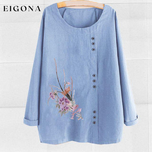 【Cotton And Linen】Casual Floral Print Blouse Blue clothes Cotton and Linen Plus Size tops