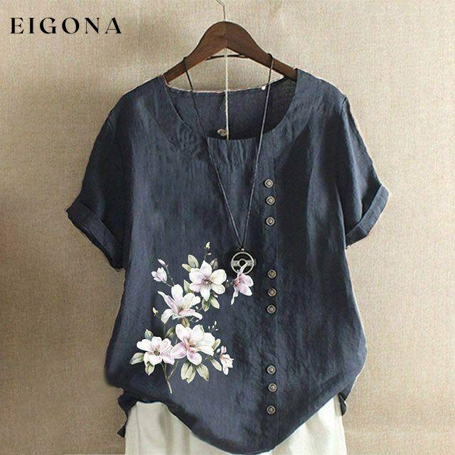 【Cotton and Linen】Casual Floral Print Blouse Dark Blue best Best Sellings clothes Cotton and Linen Plus Size Sale tops Topseller