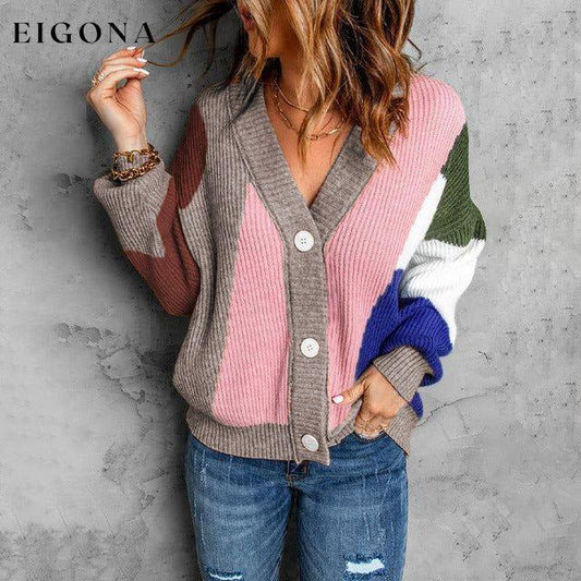 Contrast Color Knitted Cardigan Pink best Best Sellings cardigan cardigans clothes Sale tops Topseller