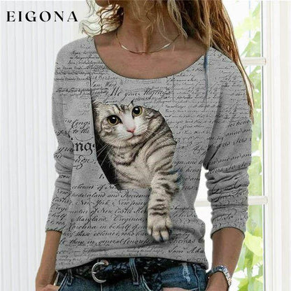 Fashion Cute Cat Print T-Shirt Gray Best Sellings clothes Plus Size Sale tops Topseller