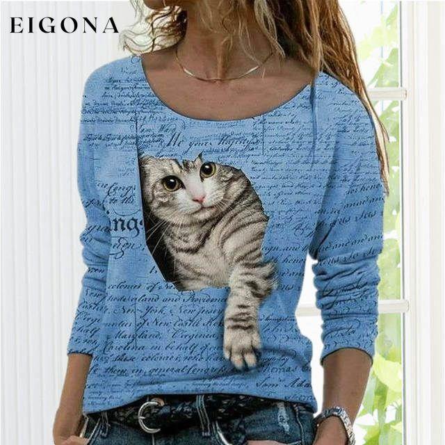 Fashion Cute Cat Print T-Shirt Blue Best Sellings clothes Plus Size Sale tops Topseller