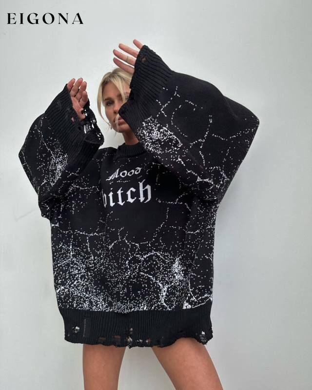 Women's loose letter embroidered holed long sleeve Turtleneck sweater Black FREESIZE clothes Sweater sweaters