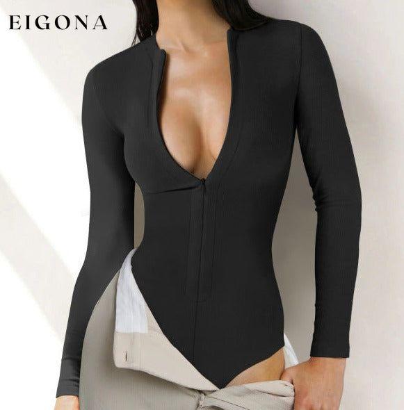 Zippered placket sexy long sleeves bodysuit Black bodysuit bodysuits Clothes long sleeve shirts shirt shirts top tops