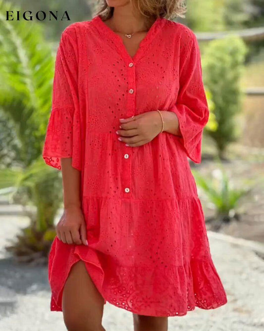 Hollow out loose dress Red 23BF Casual Dresses Clothes Cotton and Linen Dresses Spring Summer