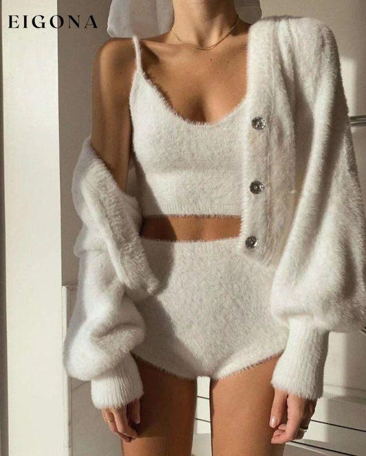 Hot girl mohair buttoned knitted cardigan + slim V-neck short camisole + shorts White Clothes kakaclo lounge wear loungewear sets