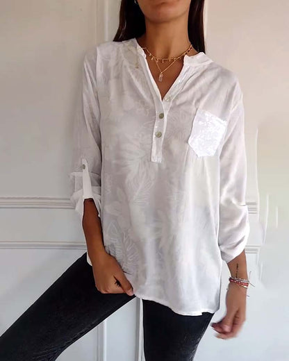 Top con stampa di foglie in patchwork di paillettes