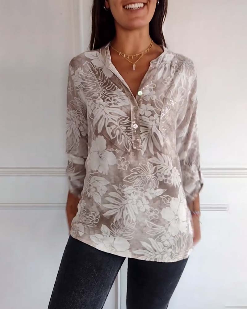 Top con stampa di foglie in patchwork di paillettes