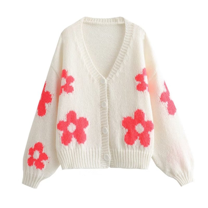 New women's V-neck three-dimensional intarsia lazy style knitted jacket Pink clothes