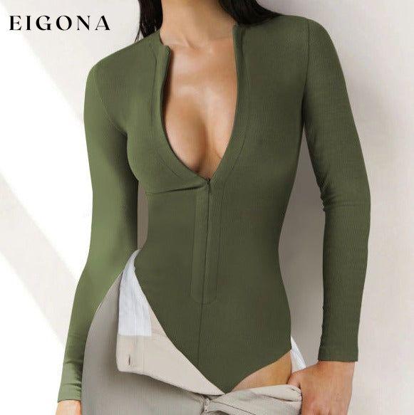 Zippered placket sexy long sleeves bodysuit Green bodysuit bodysuits Clothes long sleeve shirts shirt shirts top tops