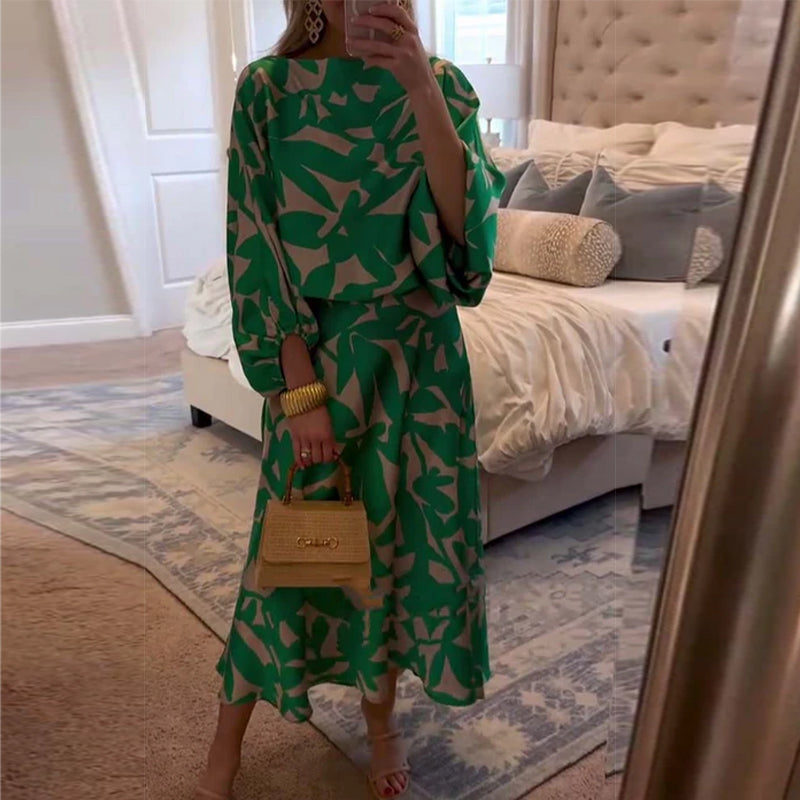 Temperament Printed Lantern Sleeves Casual Dress Set