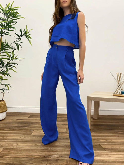 Tank Sleeveless Crop Top And Wide Leg Trouser Suits Set - Womens Clothing Blue bottoms clothes sets Women's Bottoms