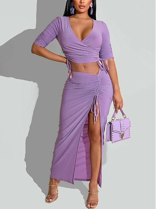 Top and Skirt Set, Sexy Slit Skirt and Crop Top Set Purple bottoms clothes sets