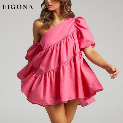 Women's casual loose off-shoulder puff sleeve patchwork short-sleeved dress irregular skirt Rose clothes dress dresses short dresses