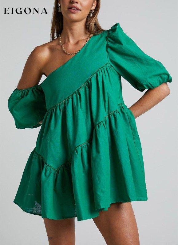 Women's casual loose off-shoulder puff sleeve patchwork short-sleeved dress irregular skirt Green clothes dress dresses short dresses