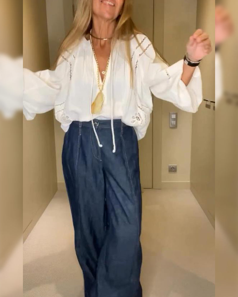 Lantern-Sleeve Tie-Waist Loose Blouse