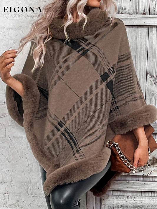 Plaid Faux Fur Trim Fashion Poncho Sweater Taupe clothes Ship From Overseas Shipping Delay 09/30/2023 - 10/03/2023 Sounded Sweater sweaters