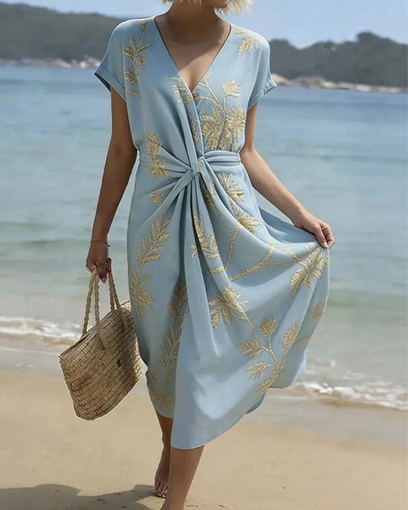 V-Neck Twist Waist Tie Dress