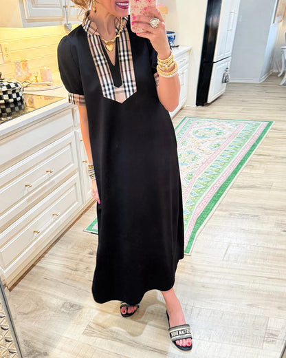 Puff Sleeve Plaid Contrast Dress