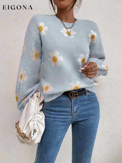 Flower Round Neck Latern Sleeve Sweater Misty Blue clothes Ship From Overseas sweater sweaters Sweatshirt X.W
