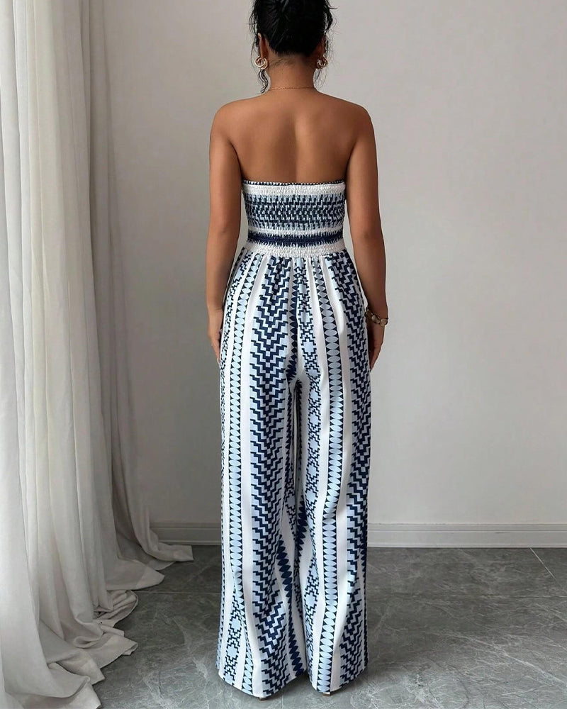 Geometric Bandeau Slit Wide Leg Jumpsuit