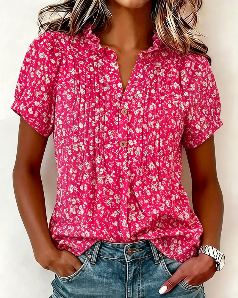 V-neck Button Floral Print Blouse