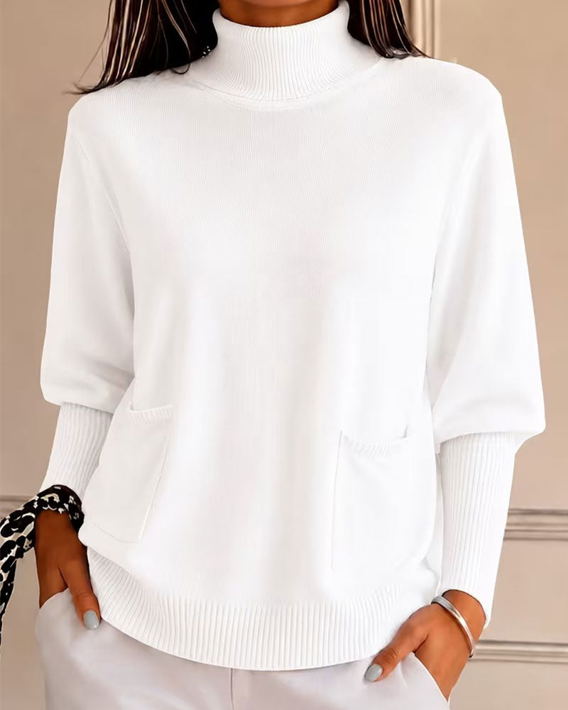 Turtleneck Pocket Solid Pullover