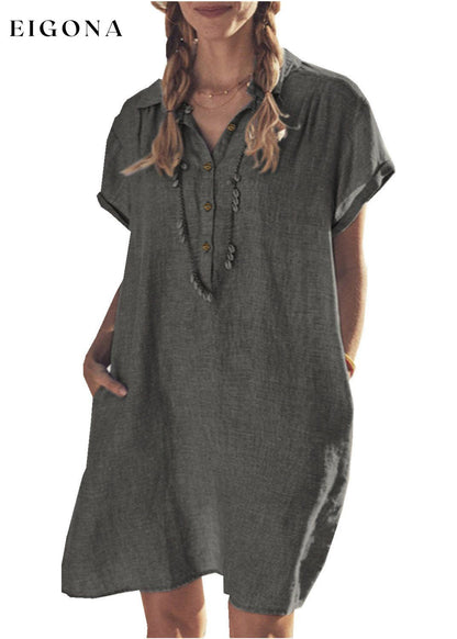 Women's Lapel Pocket Solid Loose Dress cotton linens