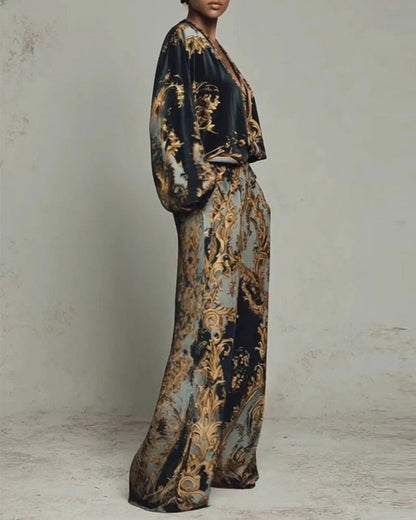 V-Neck Lantern Sleeve Wide Leg Pant Set