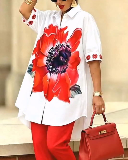 Large Flower Print Puff Sleeve Shirt blouses & shirts spring summer