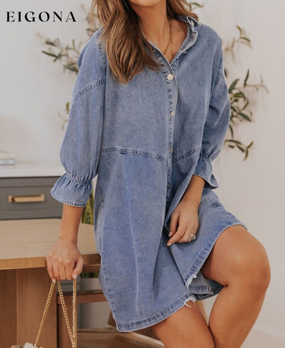 Collared Neck Flounce Sleeve Denim Mini Dress clothes clothing dress dresses Ship From Overseas short dresses SYNZ