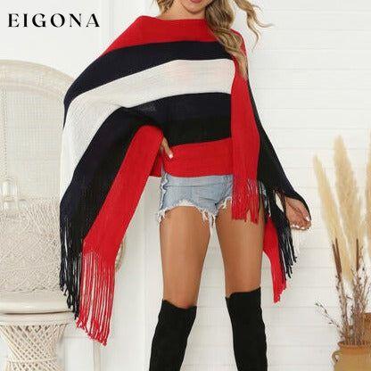 Striped Fringe Trim Poncho clothes Romantichut Ship From Overseas