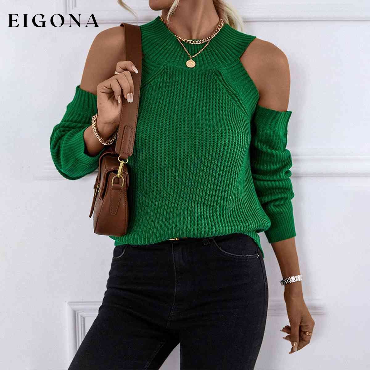 Round Neck Cold-Shoulder Sweater Mid Green clothes Ship From Overseas Y@Q@S