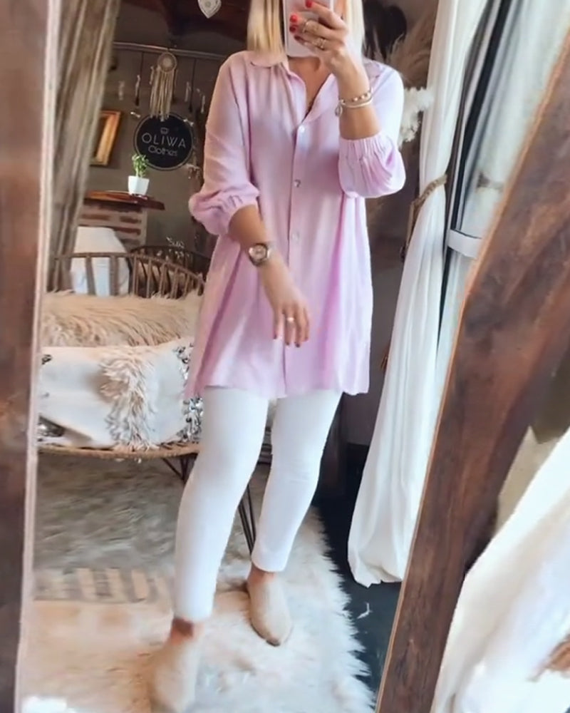 Solid color lapel buttons three-quarter sleeve shirt blouses & shirts spring summer