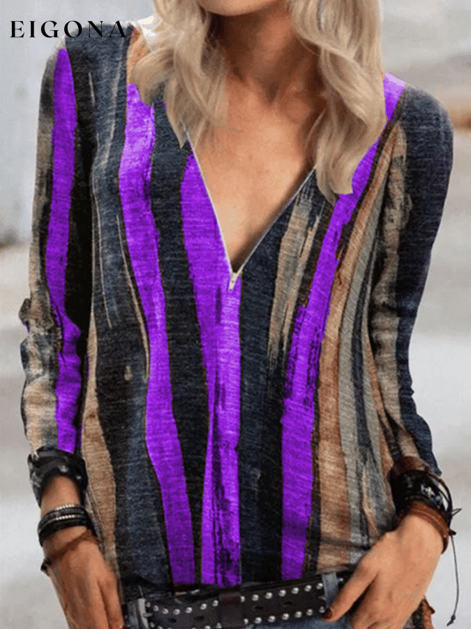 Women's Tie Dyed Striped V-neck Zip Shirt top tops