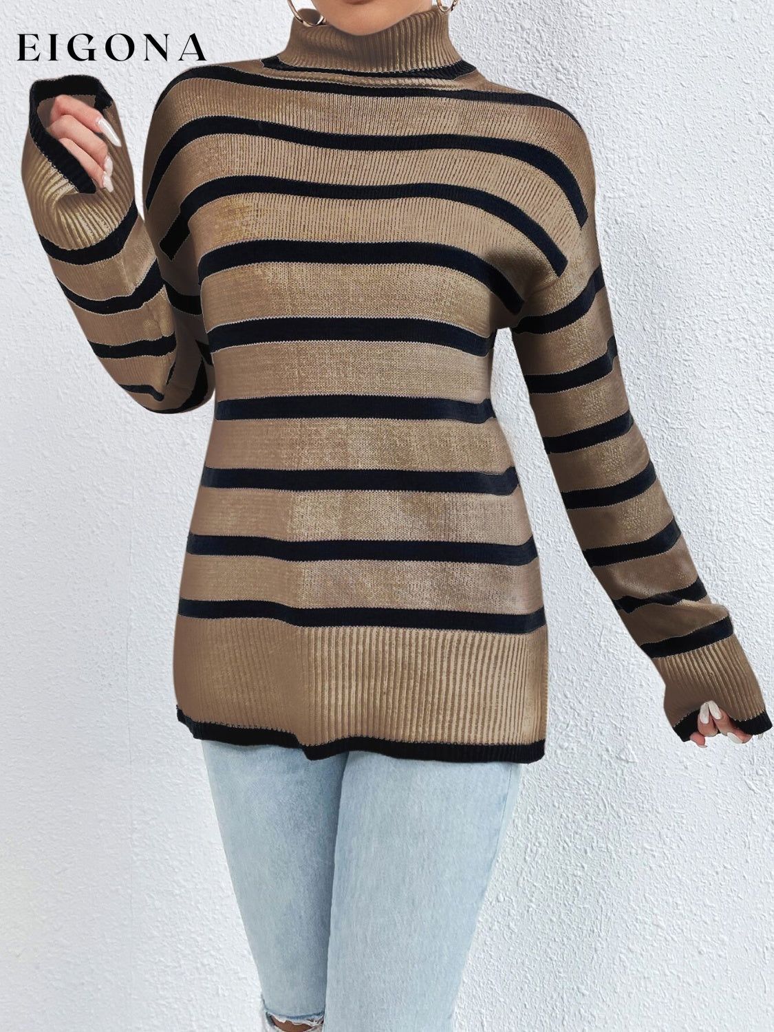 Striped Turtleneck Drop Shoulder Sweater clothes long sleeve shirt Ship From Overseas striped sweater sweater Yh