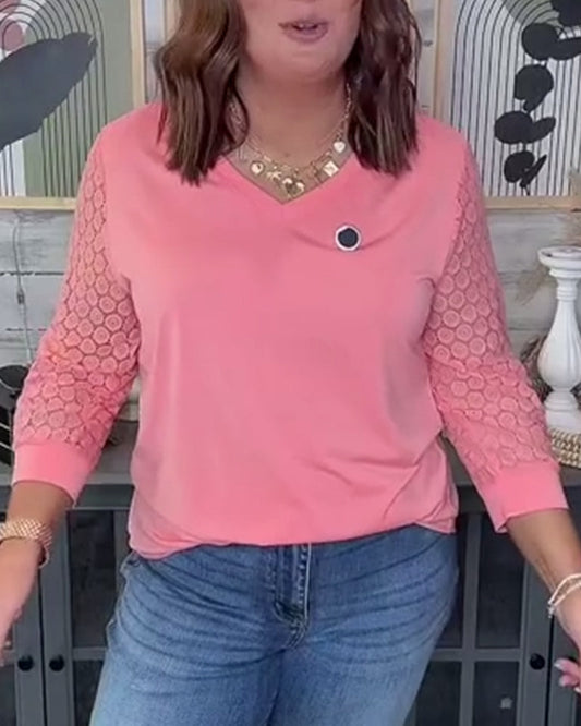 Three-Quarter Sleeve Lace Panel V-Neck Blouse