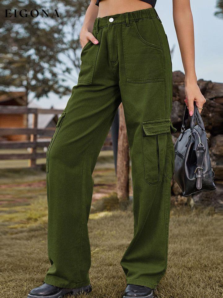 Pocketed Wide Leg Jeans Army Green clothes M.F Ship From Overseas Shipping Delay 09/29/2023 - 10/02/2023 trend